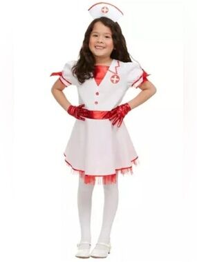 Girls Nurse Halloween Costume – White & Red Dress with Nurse Hat